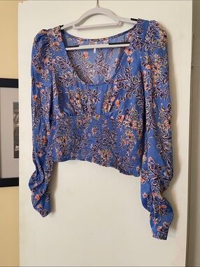 Free People Blue Floral Smocked Crop Blouse